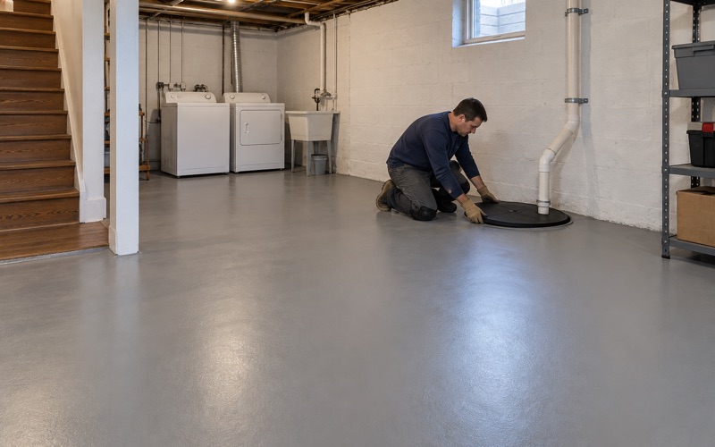 The sump lid set back on its basin in an Oak Lawn basement newly coated in warm gray epoxy.