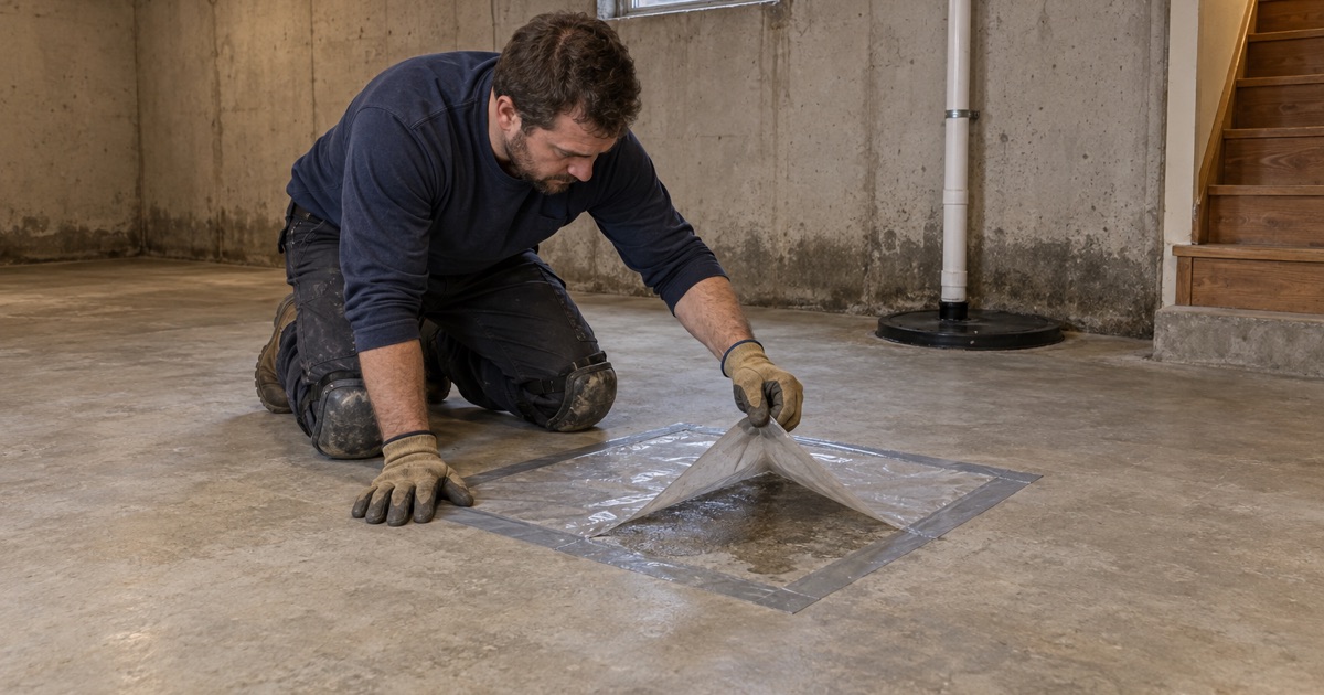 A taped plastic-sheet moisture test lifted on a bare Oak Lawn basement slab beside the sump pit.