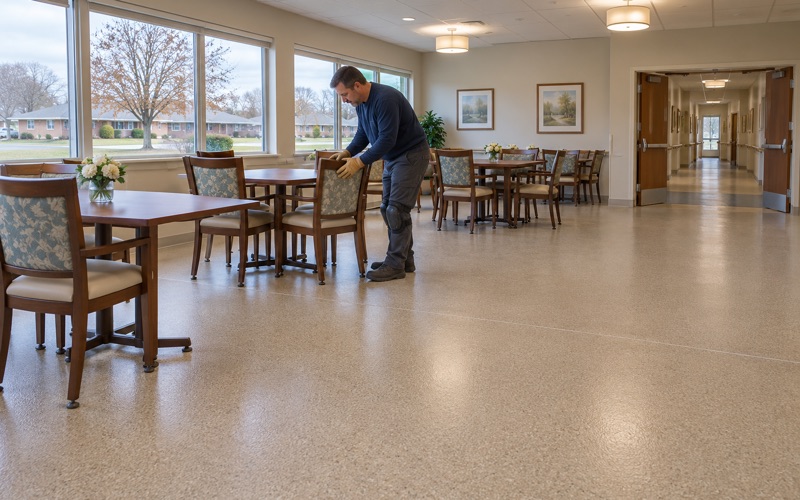 Dining chairs slid back onto a new warm beige quartz floor in an Oak Lawn nursing home dining room.