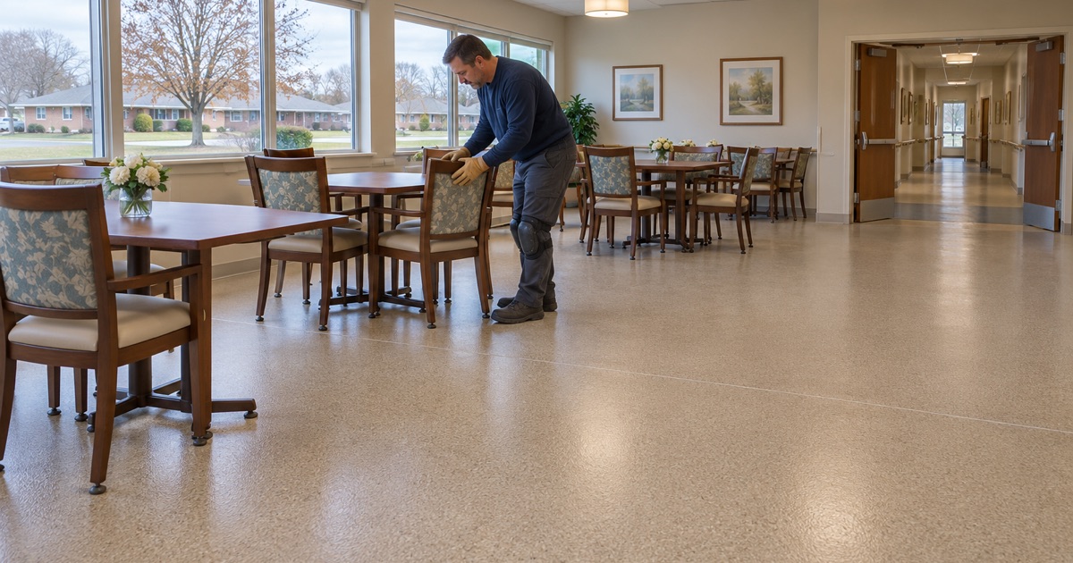 Dining chairs slid back onto a new warm beige quartz floor in an Oak Lawn nursing home dining room.