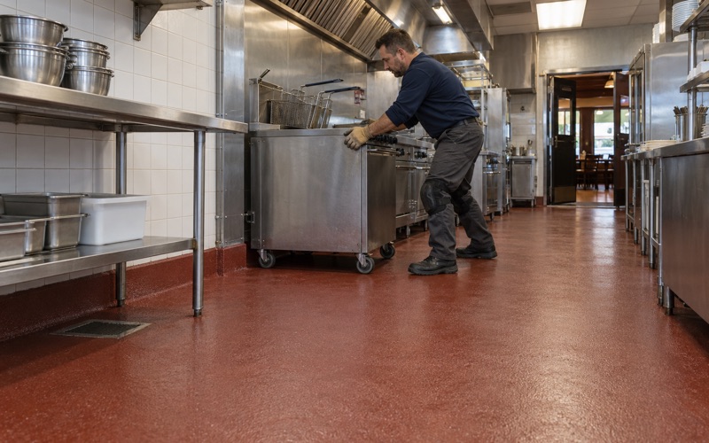 A fryer rolled back into line on a textured urethane cement floor in an Oak Lawn restaurant kitchen.