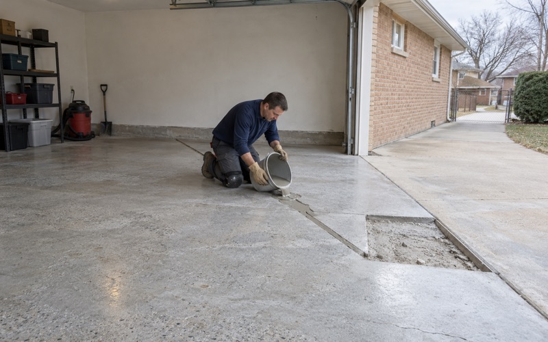 Repair mortar poured into a routed crack across an Oak Lawn detached garage slab before coating.