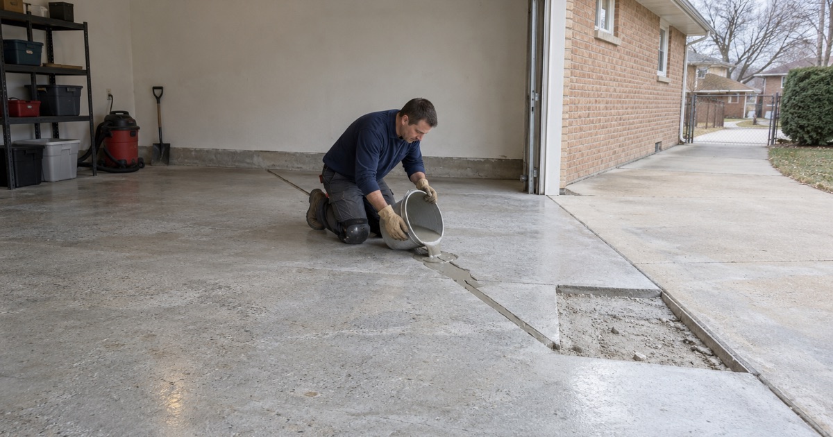 Repair mortar poured into a routed crack across an Oak Lawn detached garage slab before coating.