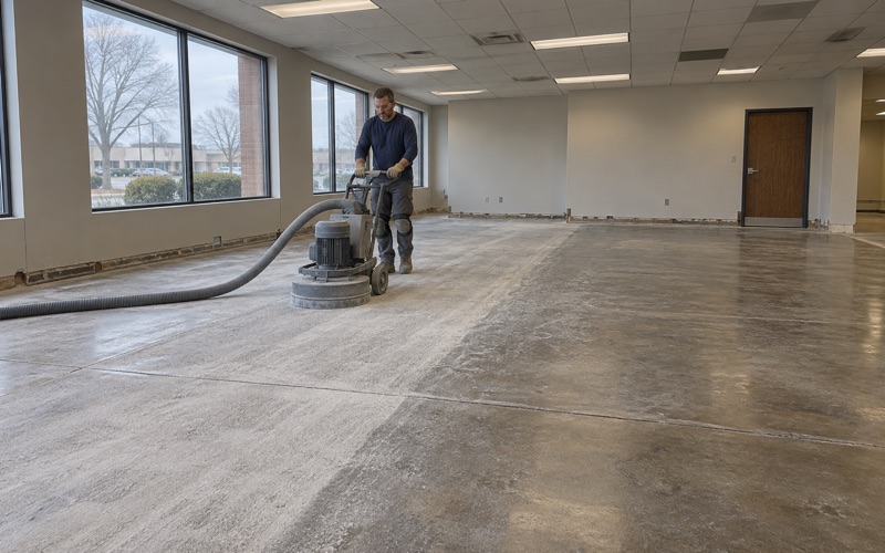 A planetary grinder opening up an old sealed slab in a vacant medical office suite in Oak Lawn.