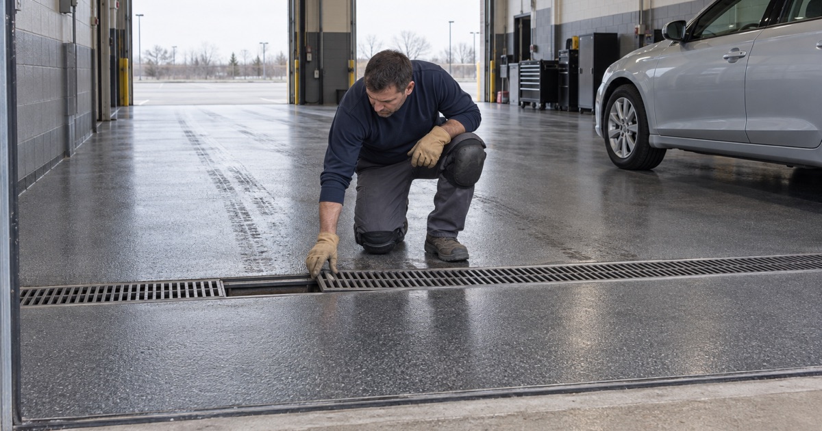 A trench drain grate lifted in the coated service drive of a car dealership on an Oak Lawn commercial arterial.