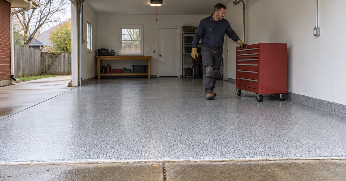 A finished gray flake floor in a detached two-car garage behind an Oak Lawn brick ranch, a tool chest rolled back into place.