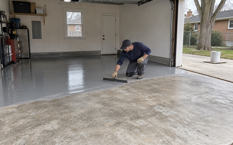 A gray epoxy base coat being spread across a detached garage floor in Oak Lawn.