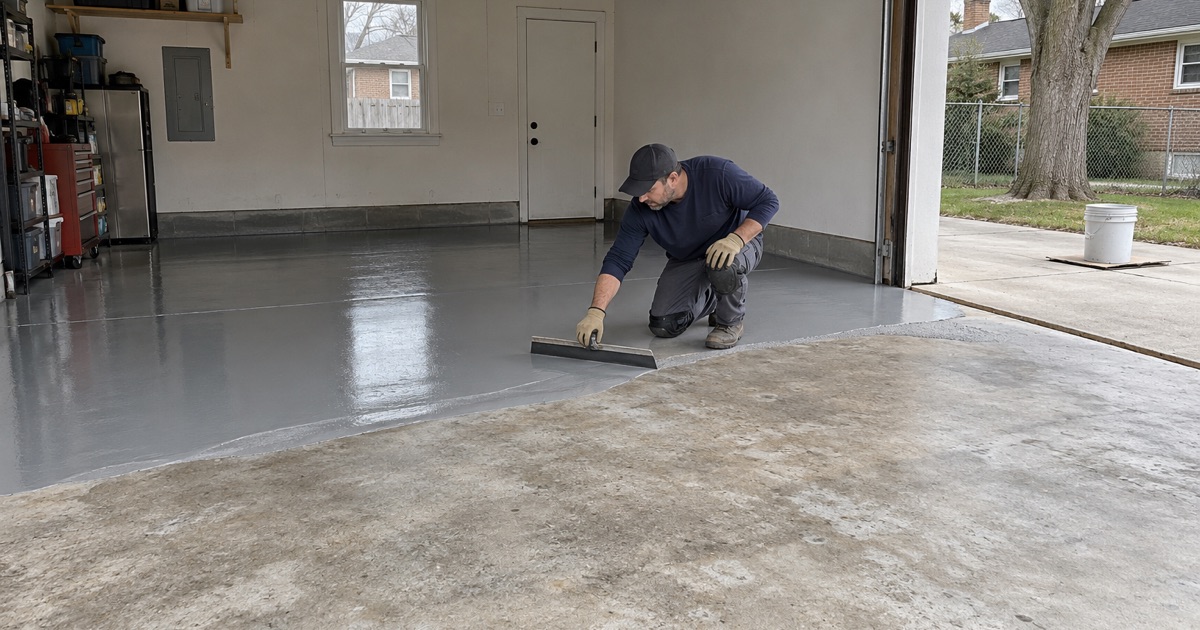 A gray epoxy base coat being spread across a detached garage floor in Oak Lawn.