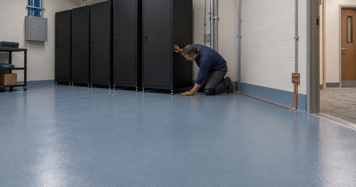 A static-dissipative floor with its copper grounding strip under an equipment rack in an Oak Lawn medical office building.