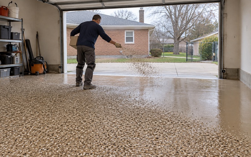 Vinyl chip mid-broadcast over a wet base coat inside an Oak Lawn detached garage, the ranch house beyond.