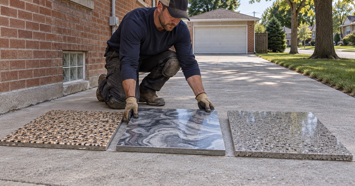 Three finish samples — flake, metallic and polished concrete — laid side by side on an Oak Lawn driveway for comparison.