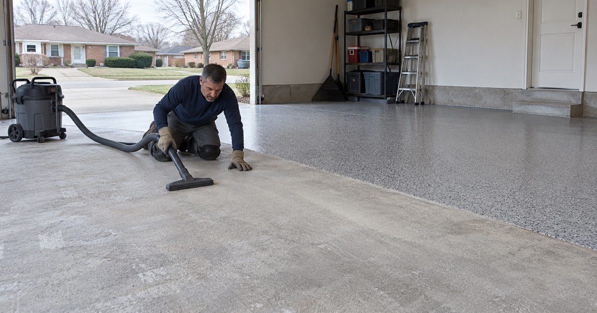 An Oak Lawn detached garage slab half ground and half coated, the salt-scaled front edge ground back to sound concrete.