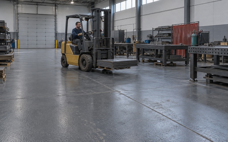 A forklift carrying steel plate across a heavy urethane cement floor in a fabrication shop in the industrial parks beside Oak Lawn.