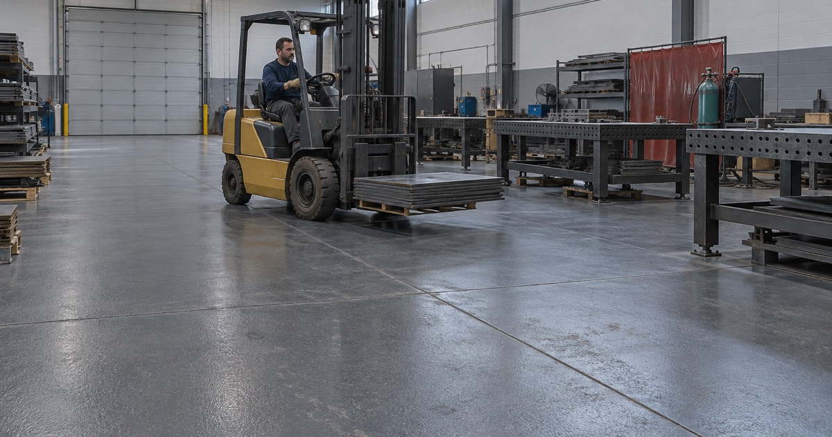 A forklift carrying steel plate across a heavy urethane cement floor in a fabrication shop in the industrial parks beside Oak Lawn.