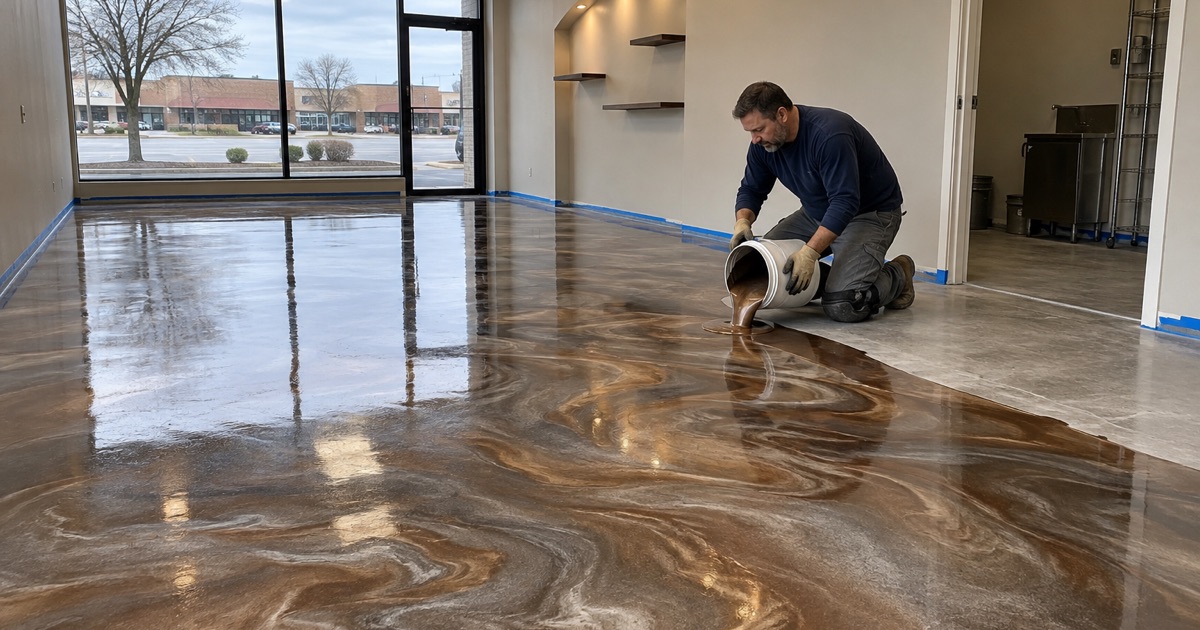 Silver and deep bronze metallic epoxy poured across the floor of a small salon suite in Oak Lawn.