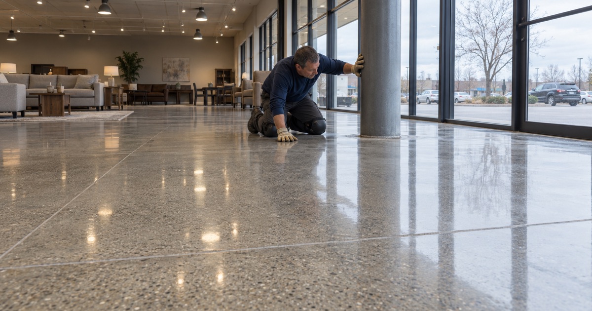 A polished concrete floor checked for clarity in a furniture showroom on an Oak Lawn commercial strip.