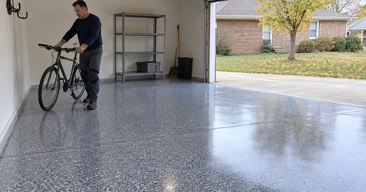 A bicycle wheeled back into an Oak Lawn detached garage the same day its polyaspartic floor went down.